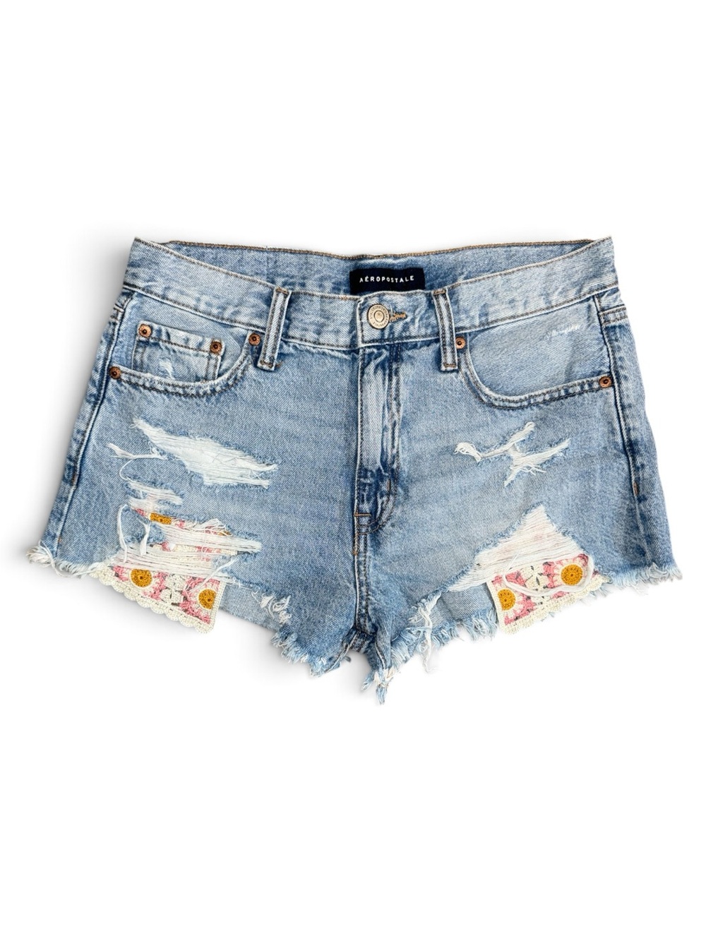 Aeropostale crochet Pockets Vintage High Rise Shorty Distressed Denim Shorts